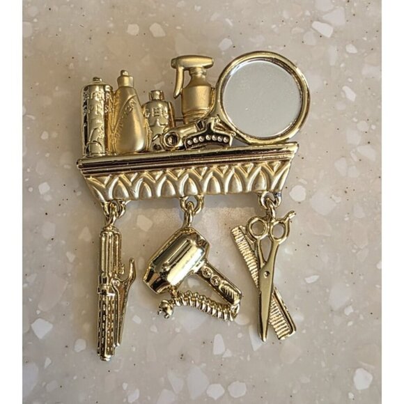 Danecraft Beautician Hair Dresser Brooch Gold Tone Salon Mirror Charms VTG - Picture 9 of 9